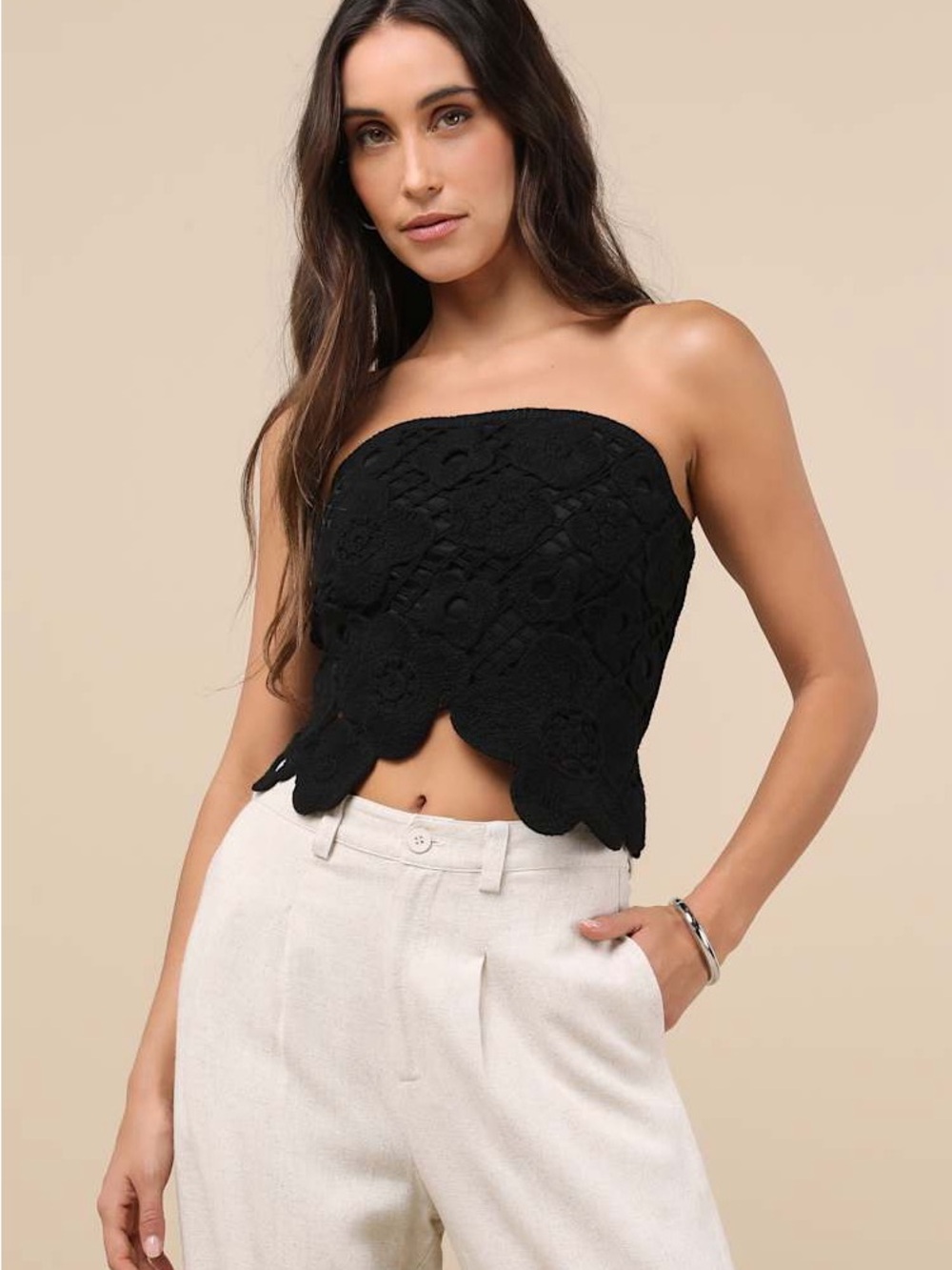 Lulu's Black Crochet Strapless Scallop-Hem Crop Top